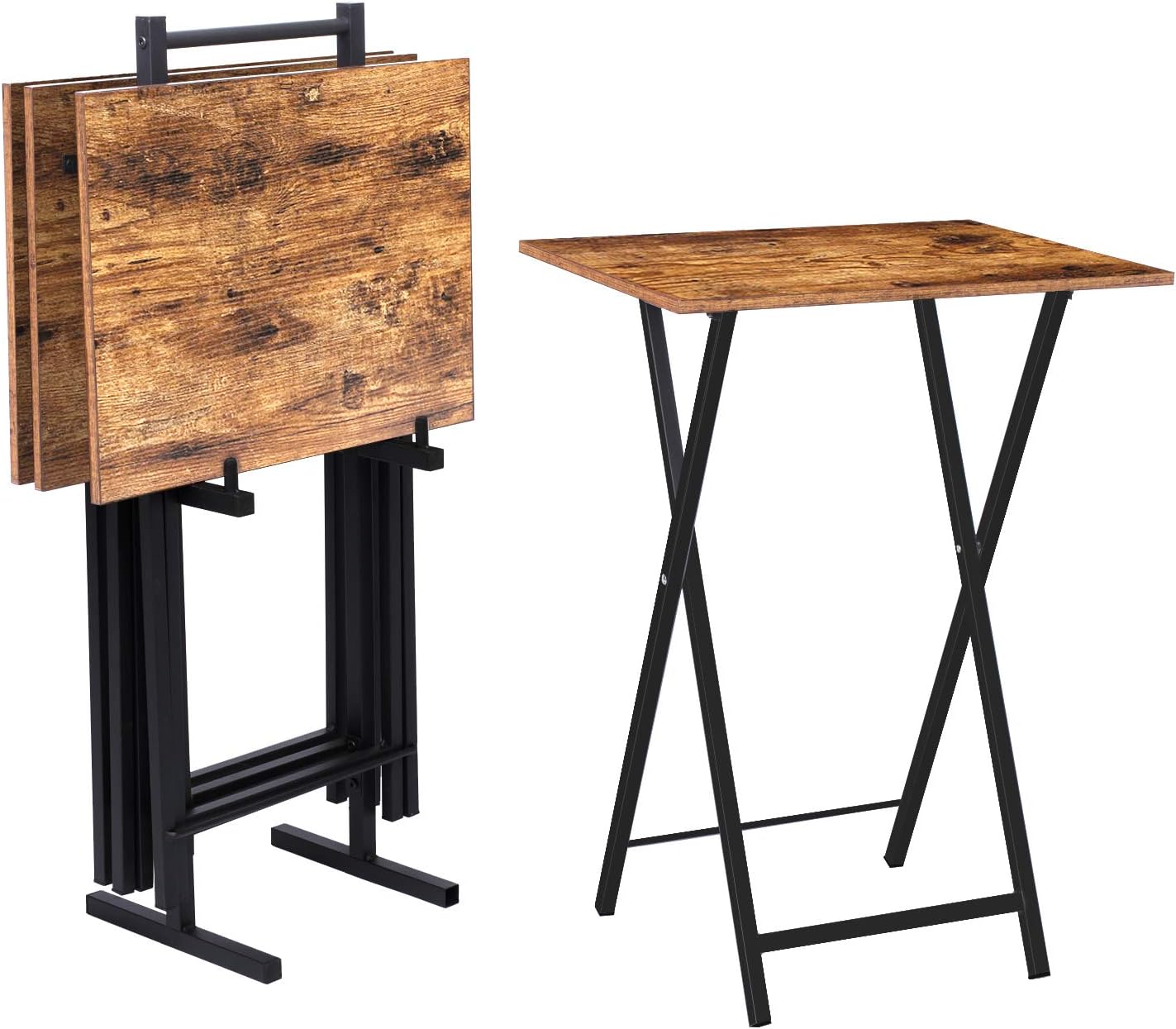 HOOBRO Folding TV Tray Tables, Set of 4 TV Trays with Storage Rack, Industrial Side Table for Eating at Couch, Foldable Snack Table for Small Space, Easy Assembly, Greige and Black BG50BZ01