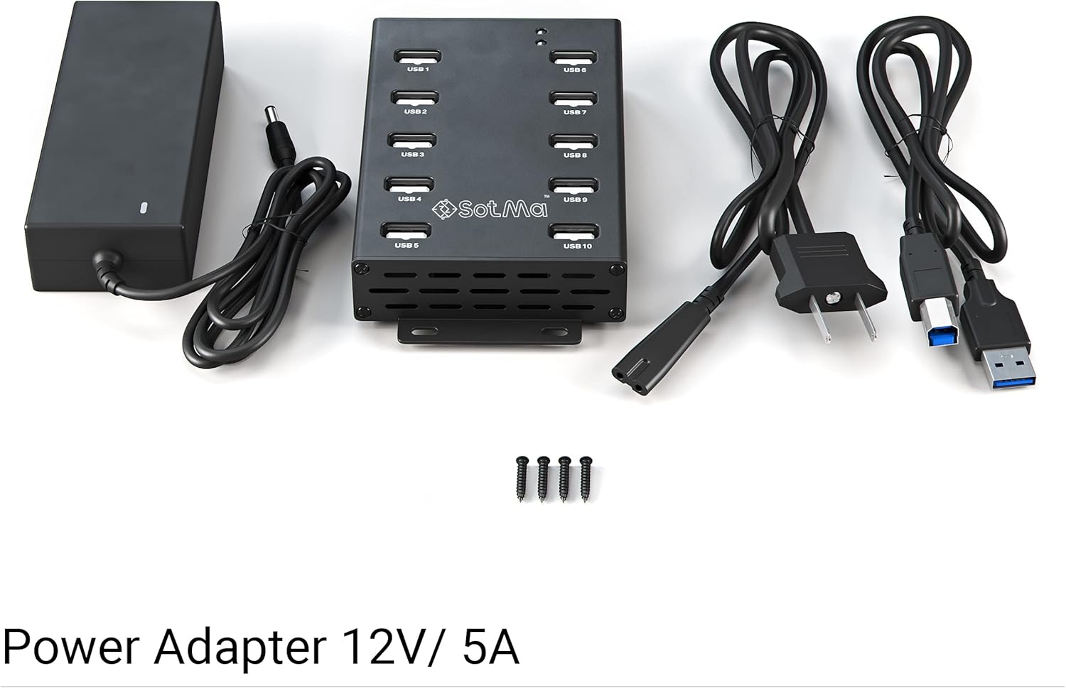 SotMa 10 Port USB 2.0 Hub - USB Hub - Powered USB Hub for Mining - Multiple USB Port Hub - USB Splitter Hub with 12V 5A Power Adapter, LEDs, Mounting Bracket - Black Pack of 2