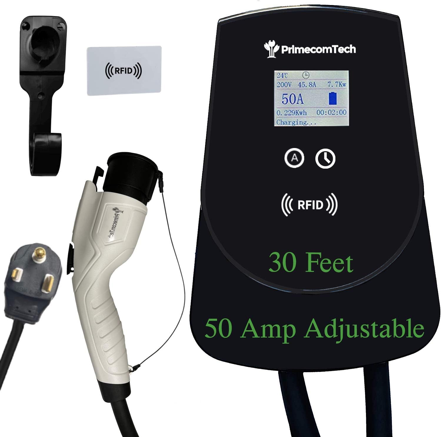 PRIMECOM 50 Amp Level-2 EV Wall Charger Station 220 Volt for TESLA, Volkswagen ID4, Mustang Mach-E, Ford F150, Audi ETron, Toyota RAV4, Kia EV6, Hyundai IONIQ 5, Polestar, Rivian (30 Feet, NEMA 6-50P)