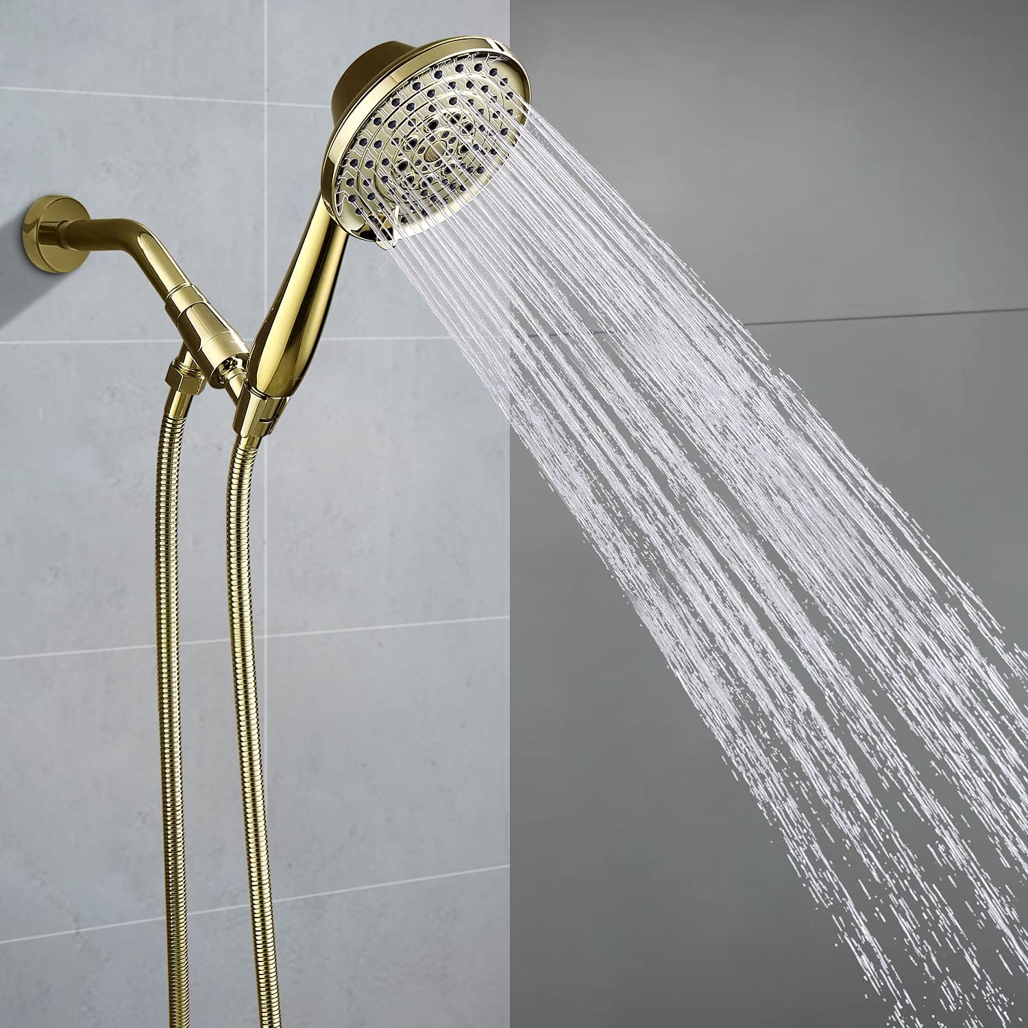 Luxury High Pressure 5“ Face 6 Setting Detachable Handheld Shower Head with Extra Long Flexible Metal Hose(70” Stretches to 75”), Adjustable Metal Bracket Holder, Polished Brass Finish (2.5GPM) Pack of 2
