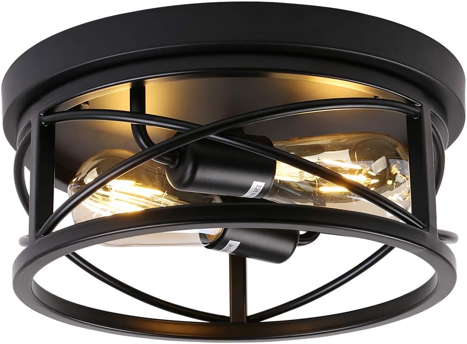 Vintage Industrial Style Rustic Farmhouse Ceiling Light Semi Flush Mount Fixture Black Metal Cage 2-Light for Bedroom Kitchen Living Room Hallway Bathroom Dining Room