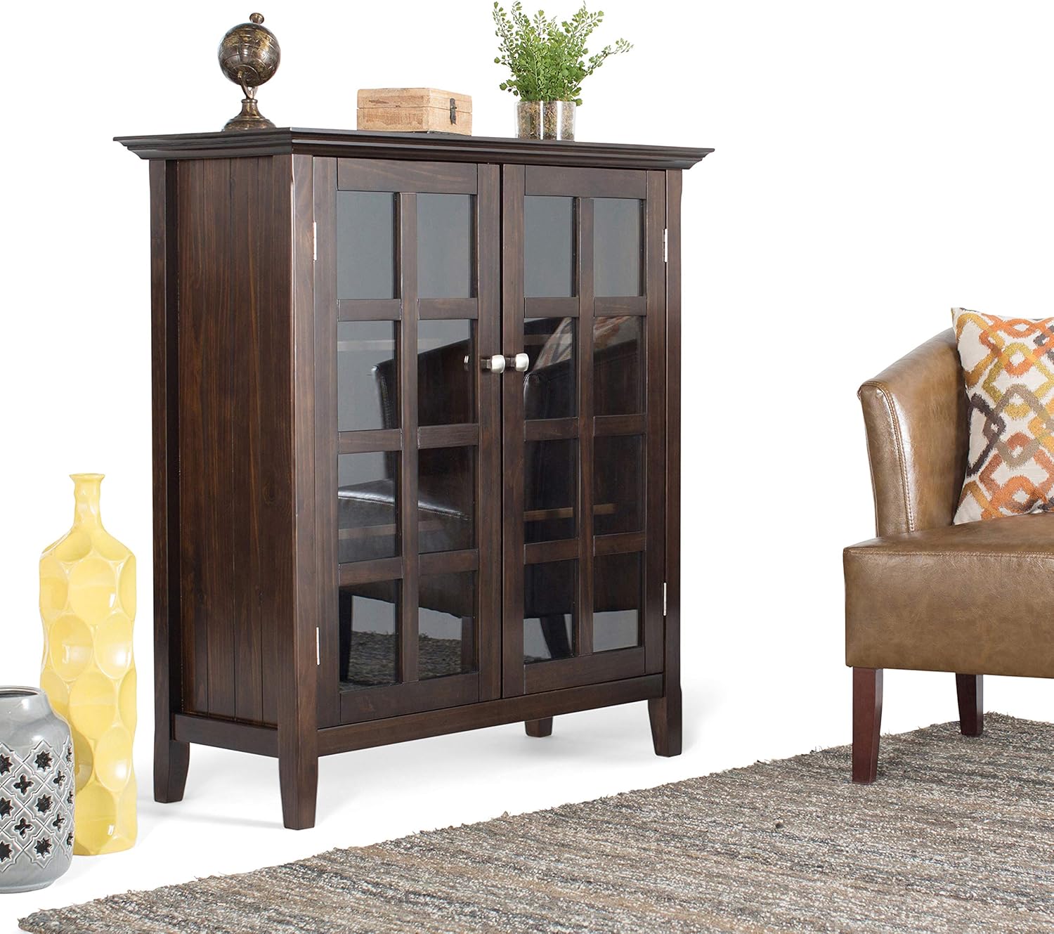 SIMPLIHOME Acadian SOLID WOOD 39 inch Wide Rustic Medium Storage Cabinet in Distressed Grey, with 2 Tempered Glass Doors, 4 Adjustable Shelves