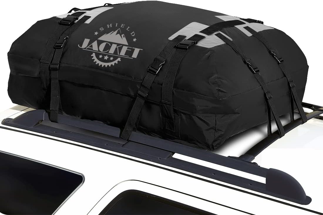 SHIELD JACKET Car Rooftop Cargo Carrier (15 Cubic Feet) - Waterproof Rooftop Bag for Cars, Vans and SUVs - Great for Travel or Off-Roading - Double Vinyl Construction, Easy to Use (Black)