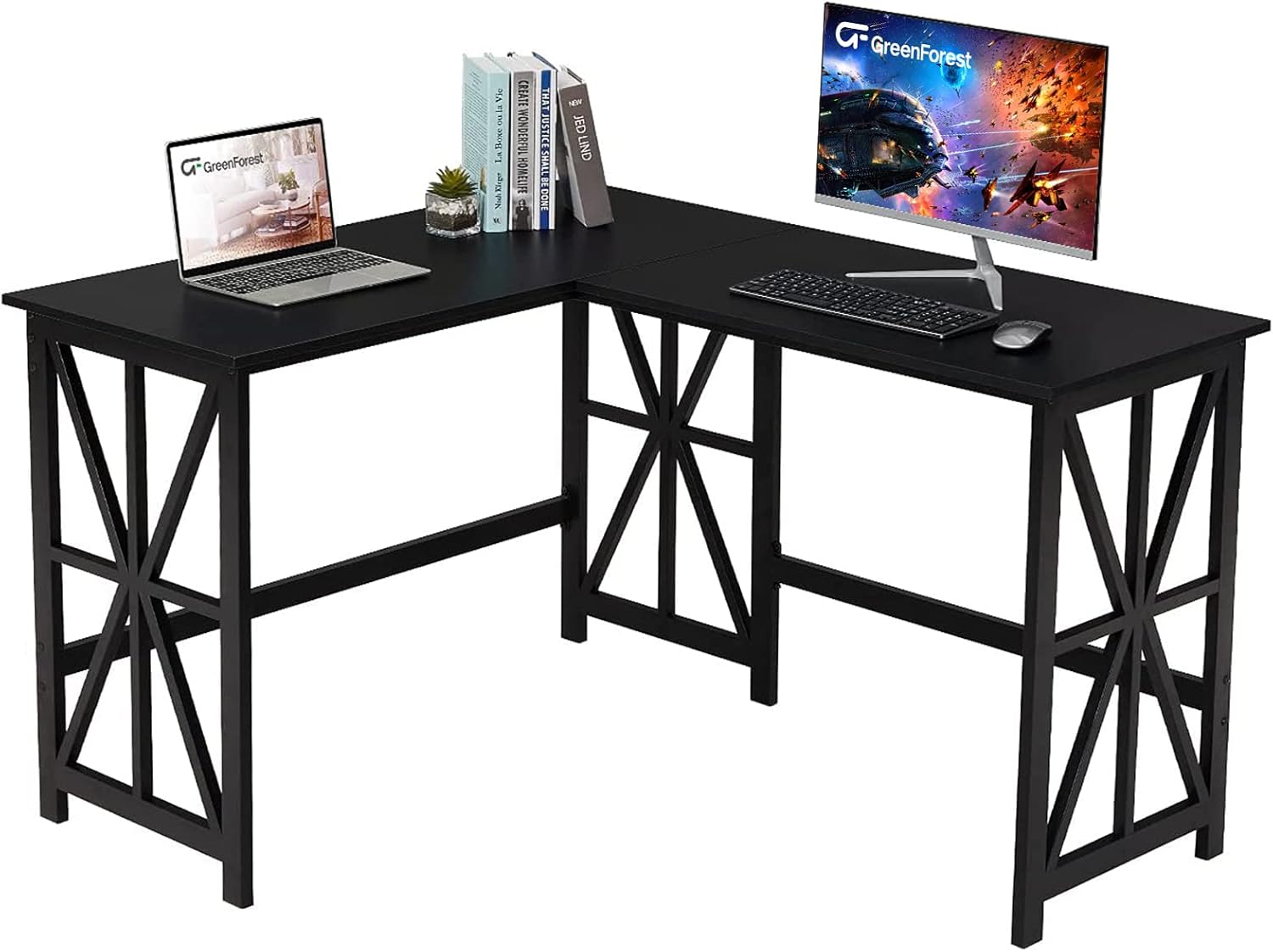 GreenForest L Shaped Desk Industrial Style Compact Design Computer Corner Gaming Desk PC Laptop Workstation for Home Office, Black