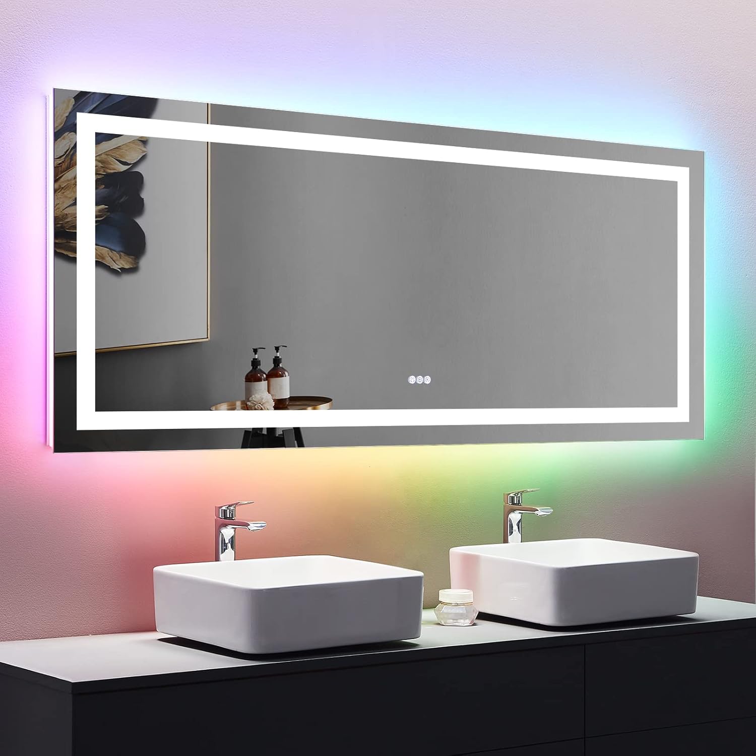 LOAAO 72X32 Inch RGB LED Bathroom Mirror with Lights, Anti-Fog, Dimmable Lighted Bathroom Vanity Mirror, Colorful Multiple Light Modes, RGB Backlit + Front Light, Memory Function
