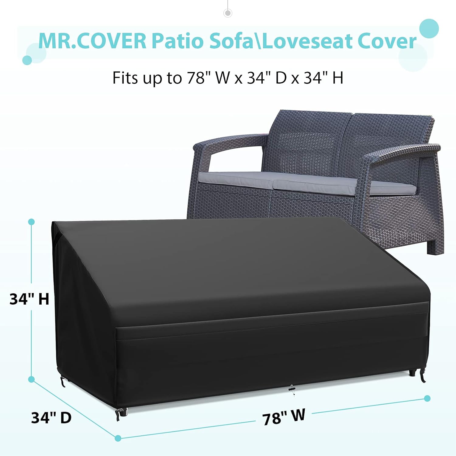 MR. COVER Waterproof Outdoor Sofa Cover, Patio Furniture Cover, 78W x 34D x 34H Inches, Strong & Sturdy, Classic Black, Nuits Series