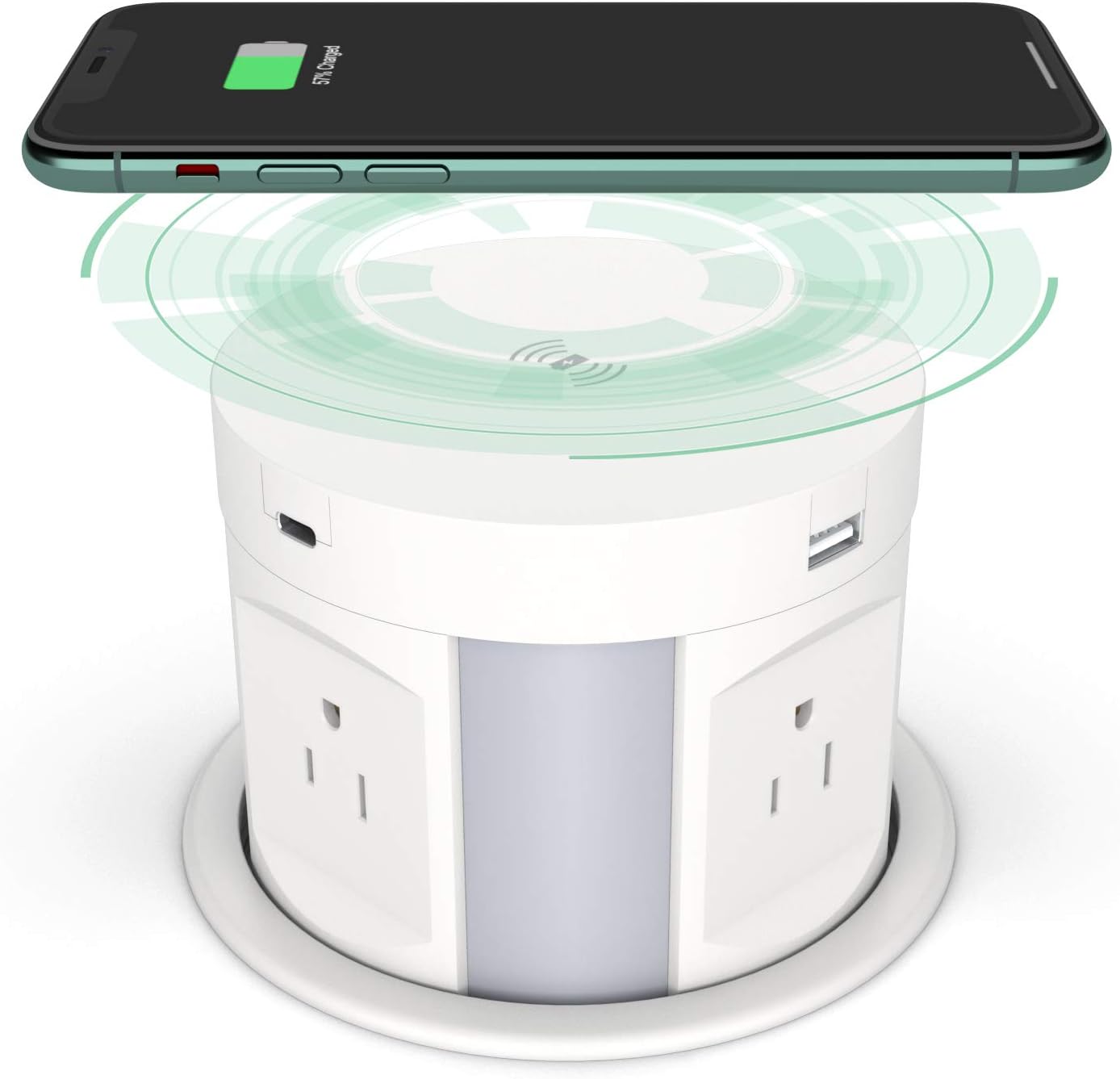 Kungfuking Automatic Pop up Outlet, Wireless Charger Power Strip Surge Protector Recessed Outlet, 4 AC Plug + Type-A and Type-C USB Port Outlets for Countertop Kitchen Island Conference Workbench