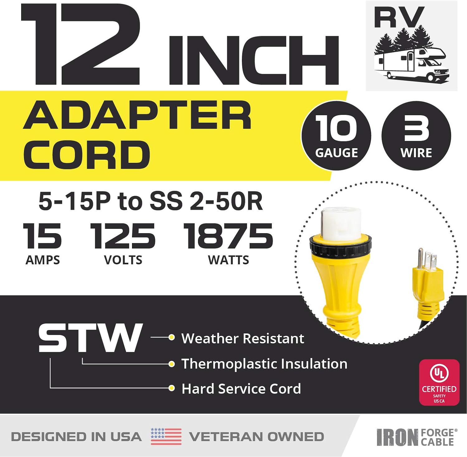 Iron Forge Cable 15 Amp to 50 Amp RV Electrical Adapter Power Cord, 12 Inch - 10/3 STW 5-15P Male Plug to SS 2-50R Female Receptacle, Yellow