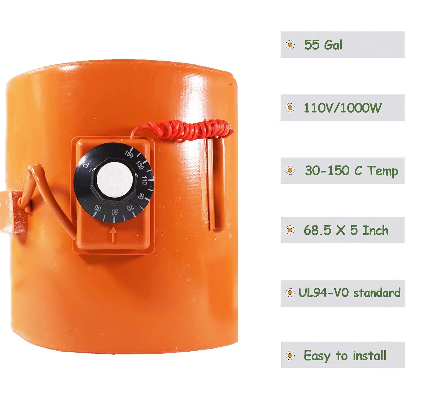 YJINGRUI 55Gal Drum Heater 68.5X5inch 1000W Metal Oil Drum Heater with Thermostat 30-150°C 110V Pack of 2