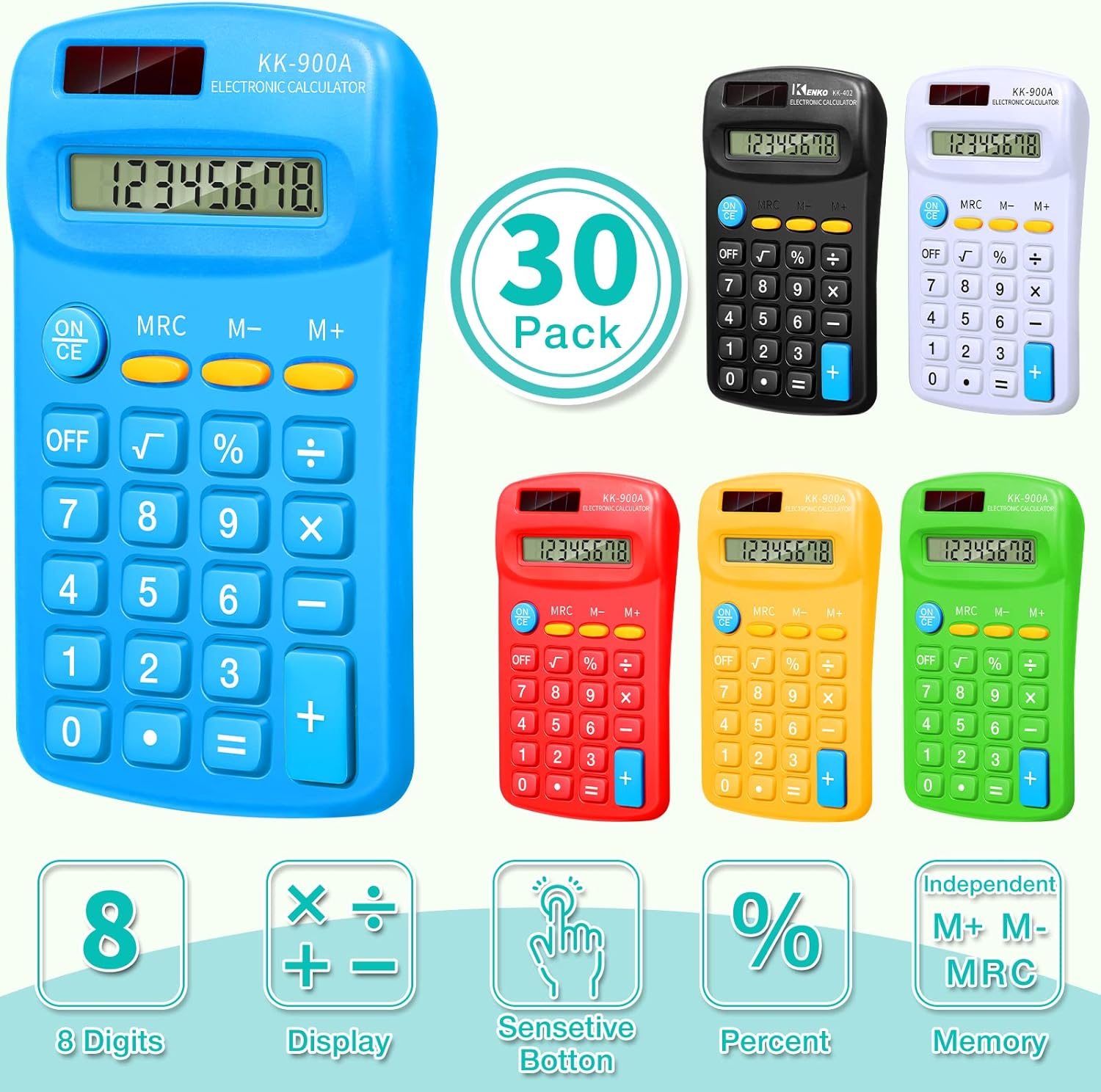 30 Pack Pocket Calculator Small Battery Powered Calculator Bulk Mini Size 4 Function Calculator Hand Held Basic Calculator for Students Kids School Home Office School, 6 Colors Pack of 2
