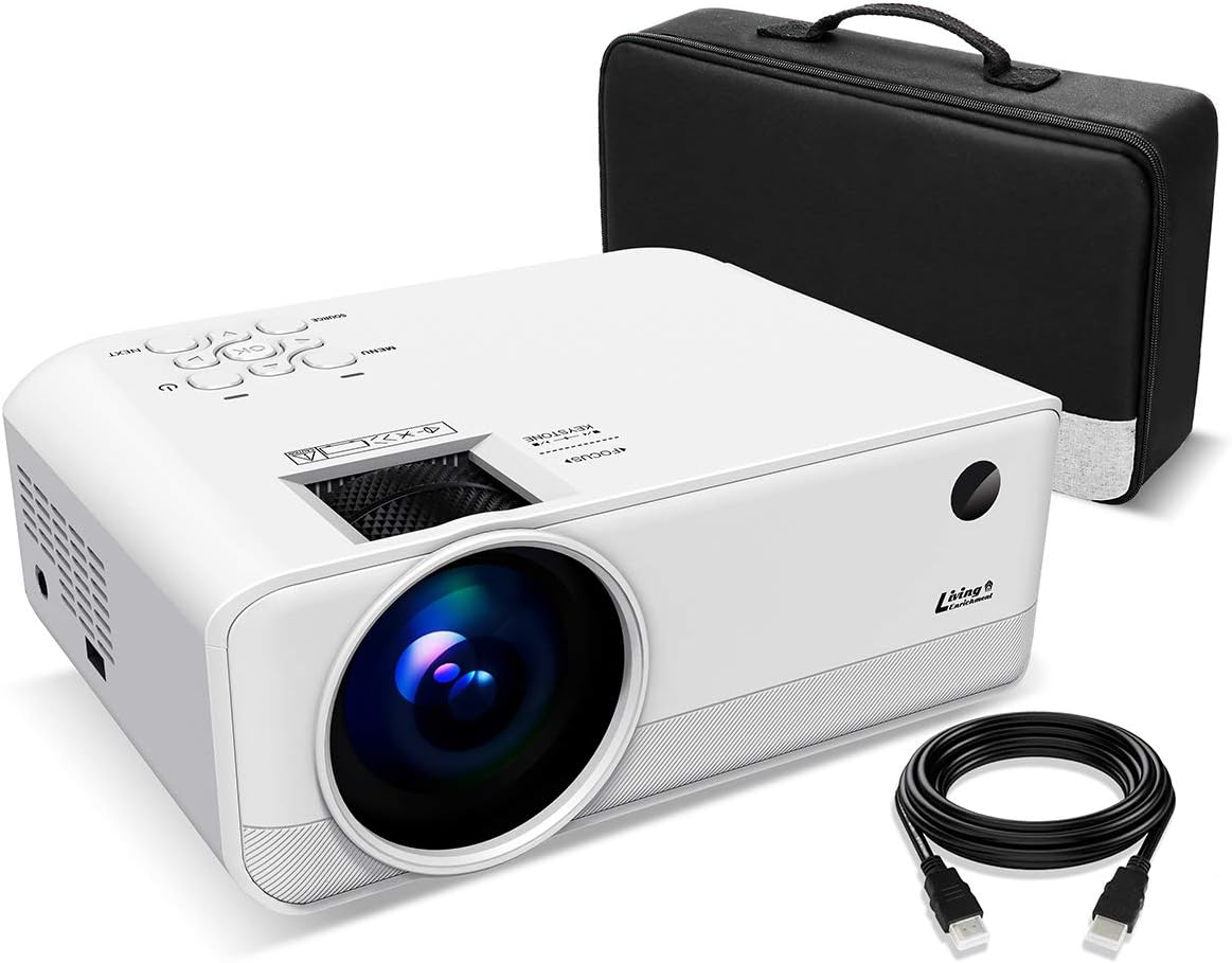 Living Enrichment Mini Projector, Built-in Dual Speaker and Full HD 1080p Movie Video Projector, 50000 Hours Life LED, Compatible with TV Stick, Video Games, HDMI, USB, TF, VGA, AUX, AV Black (LE-203)