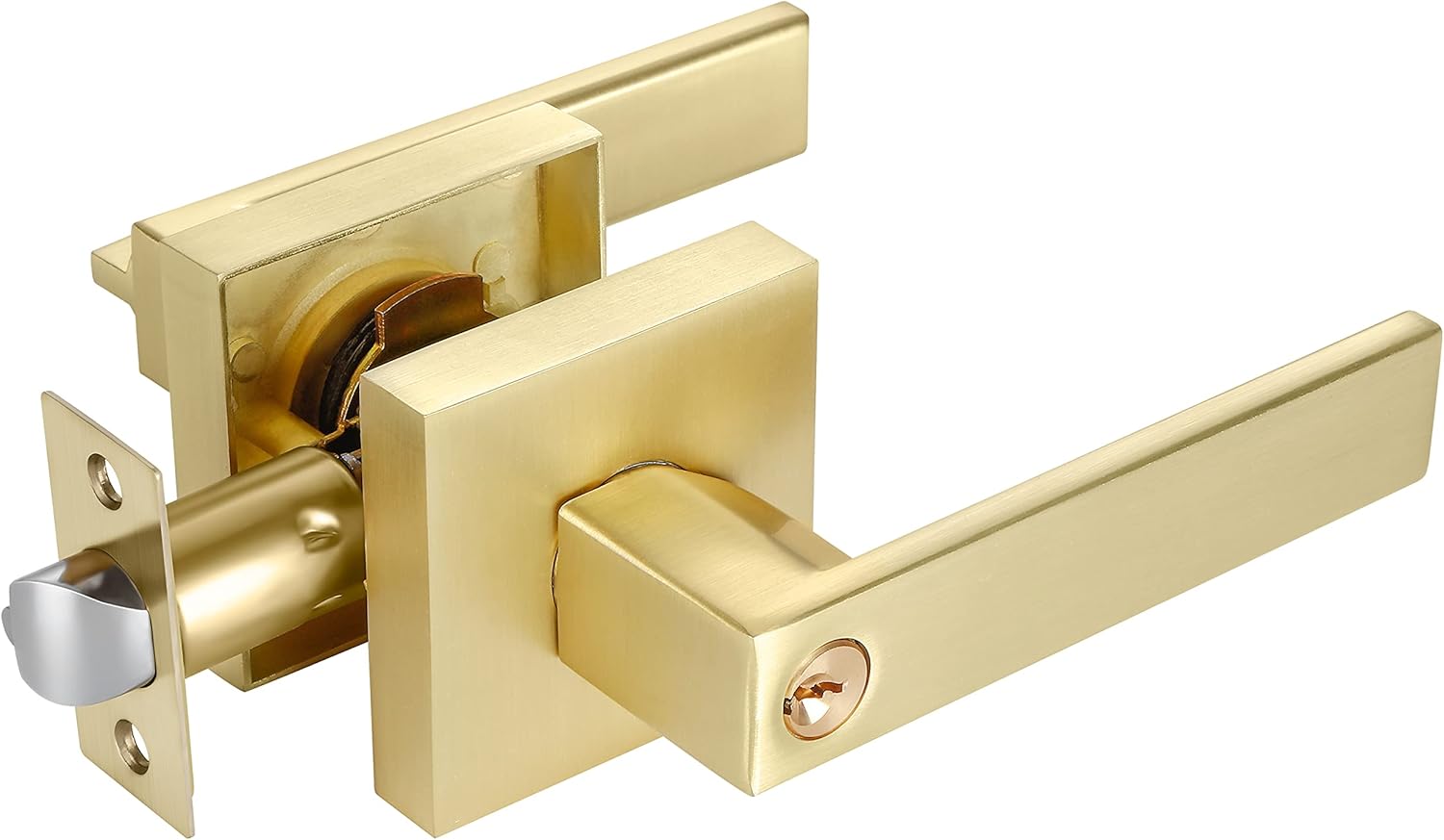 Heittis Door Lever Knob with Lock for Privacy Bathroom Interior Door Heavy Duty Square Doors Lock Handle Set - Stain Brass