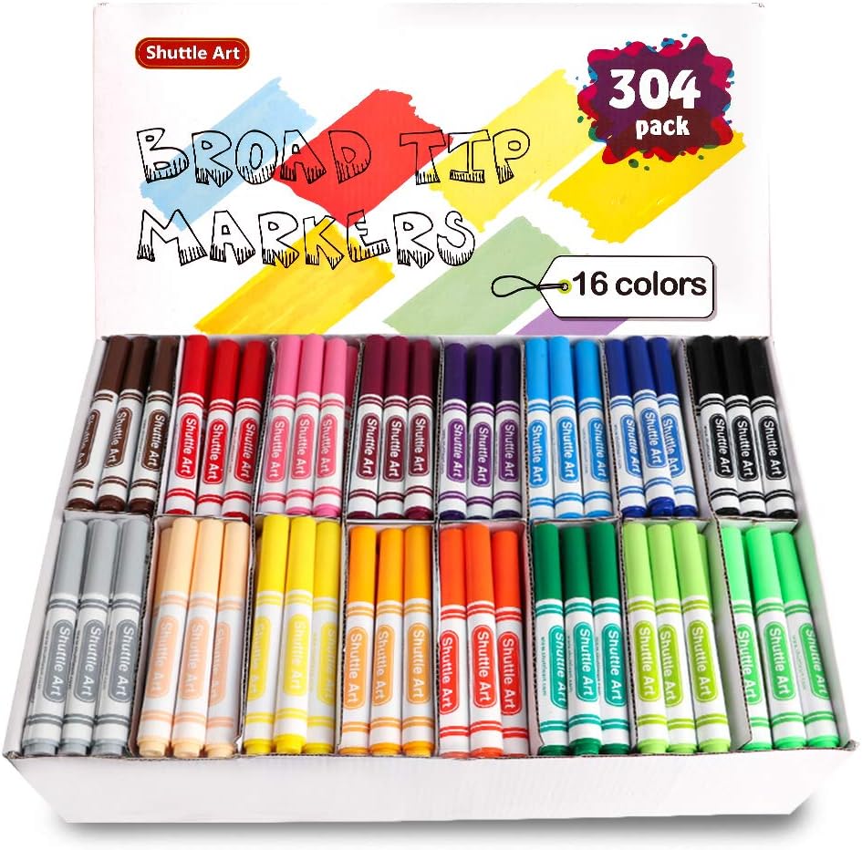 Shuttle Art 304 Pack Washable Markers Bulk, 16 Assorted Colors Broad Line Classroom Pack Markers, Classroom School Supplies for Teachers Kids Pack of 2