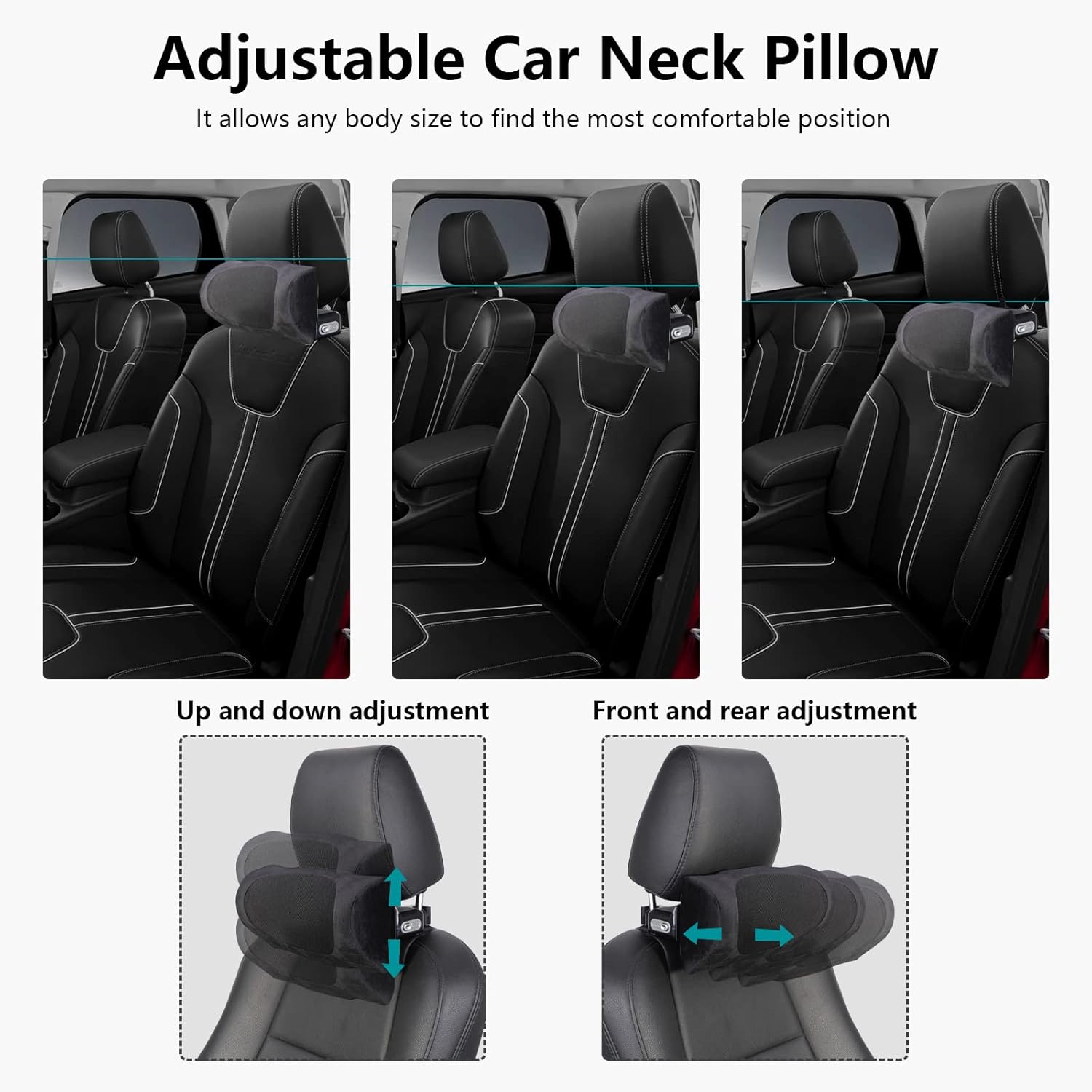 Car Neck Pillow 2 Pack, Blowoz Adjustable[4-Directions] Memory Foam Car Headrest Pillow Cervical Cushion-Auto Seat Neck Support Pad Relief Upper Back Pain for Driving
