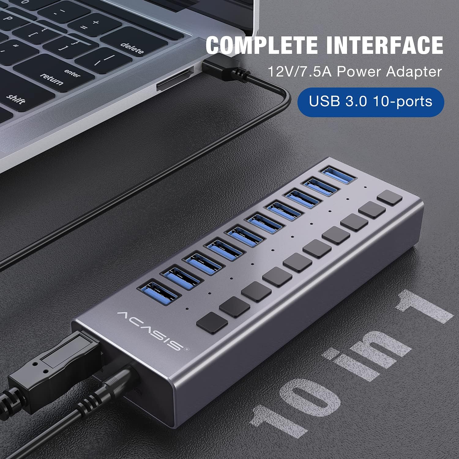 Powered USB Hub - ACASIS 10 Ports 48W USB 3.0 Data Hub - with Individual On/Off Switches and 12V/4A Power Adapter USB Hub 3.0 Splitter for Laptop, PC, Computer, Mobile HDD, Flash Drive and More Pack of 2