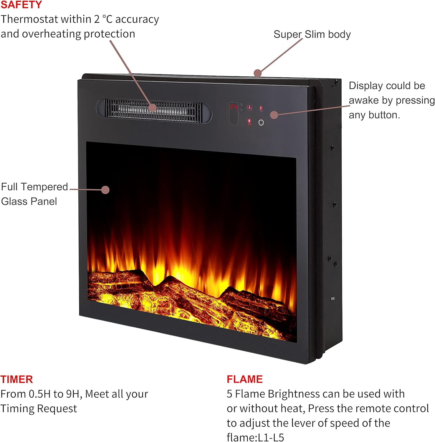 MOCIFI 23 inch Built-in Electric Fireplace Insert Heater,Low Noise,Remote Control,Touch Control Screen,Adjustable Flame Brightness and Speed,1500W,Black