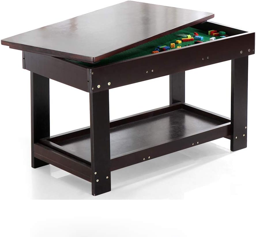 YouHi Kids Activity Table with Board and Storage for Bricks Activity Play Table (Wood Color)