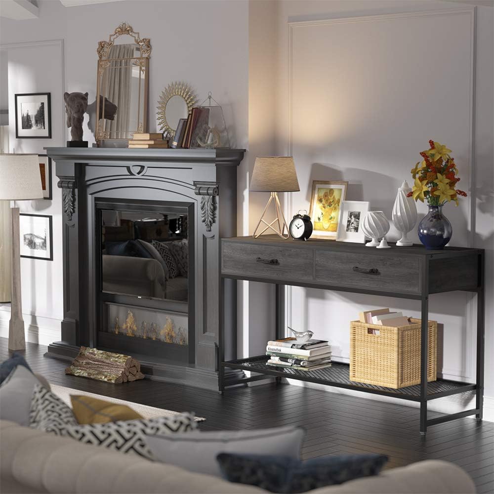 Elephance Industrial Console Table, Sideboard Sofa Table with 2 Drawers and Storage Shelf, Entryway Table for Hallway, Entryway, Living Room, Bedroom (Black Oak)