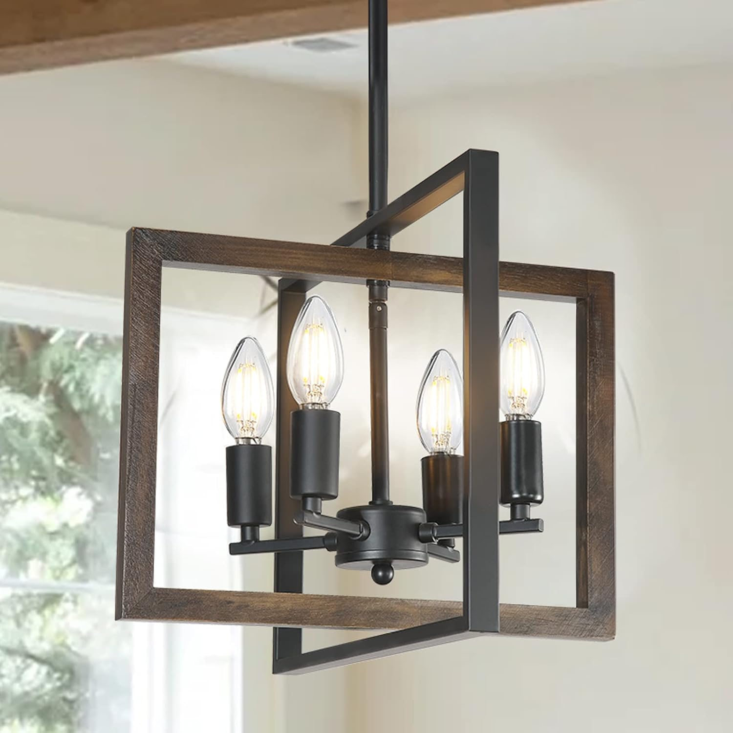 Fabulis 4-Light Farmhouse Pendant Light Fixture, Rustic Chandelier for Kitchen Island Dining Room (Wood+Black, 4-Light)