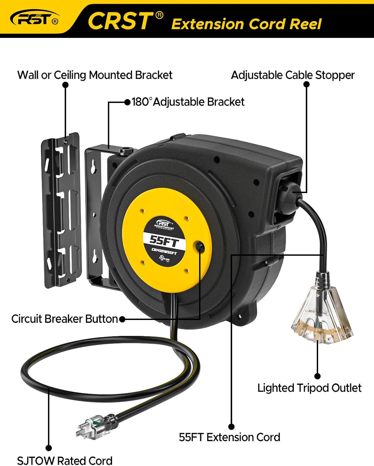 CRST Extension Cord Reel, 55 Feet Retractable Extension Cord for Garage and Workshop, Retractable Lighted Triple Tap Limited of 1625W, 13A/SJTOW, with Reset Button and Adjustable Stopper