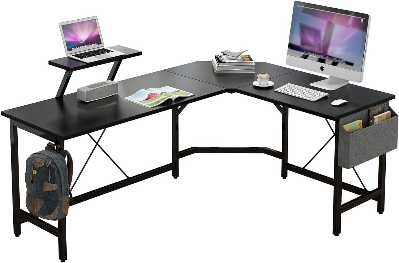 CAIYUN L Shaped Corner Desk,59 inches Computer Desk with Monitor Stand, Home Office Desk with Storage Bag and Iron Hook(Black Frame Black Top)