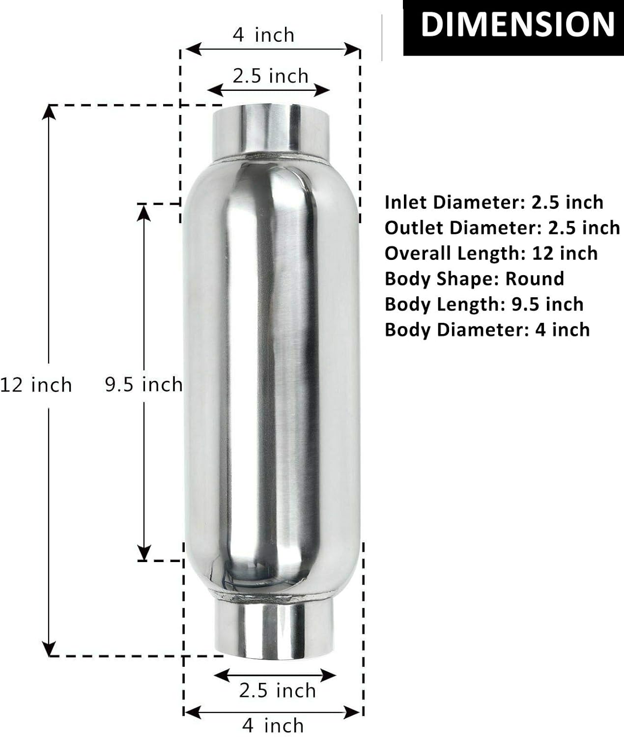 BLACKHORSE-RACING 2.5 Inch Inlet 2.5 Inch Outlet Muffler, Pair of Universal Stainless Steel Weld-on Exhaust Muffler/Resonator Deep Sound for Cars, 12