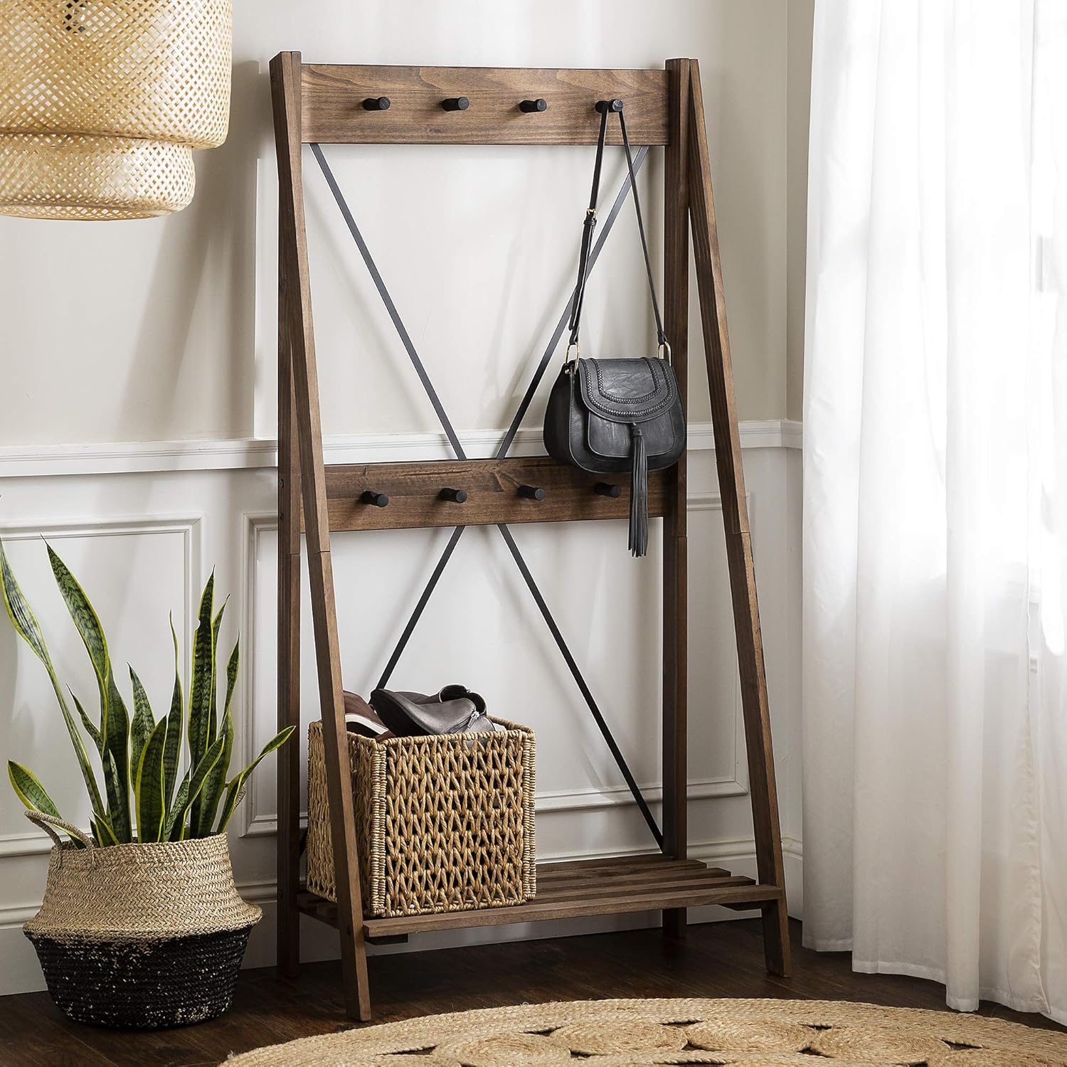 Walker Edison X Back Modern Farmhouse Wood Bookcase Bookshelf Home Office Living Room Storage, 4 Shelves, Brown