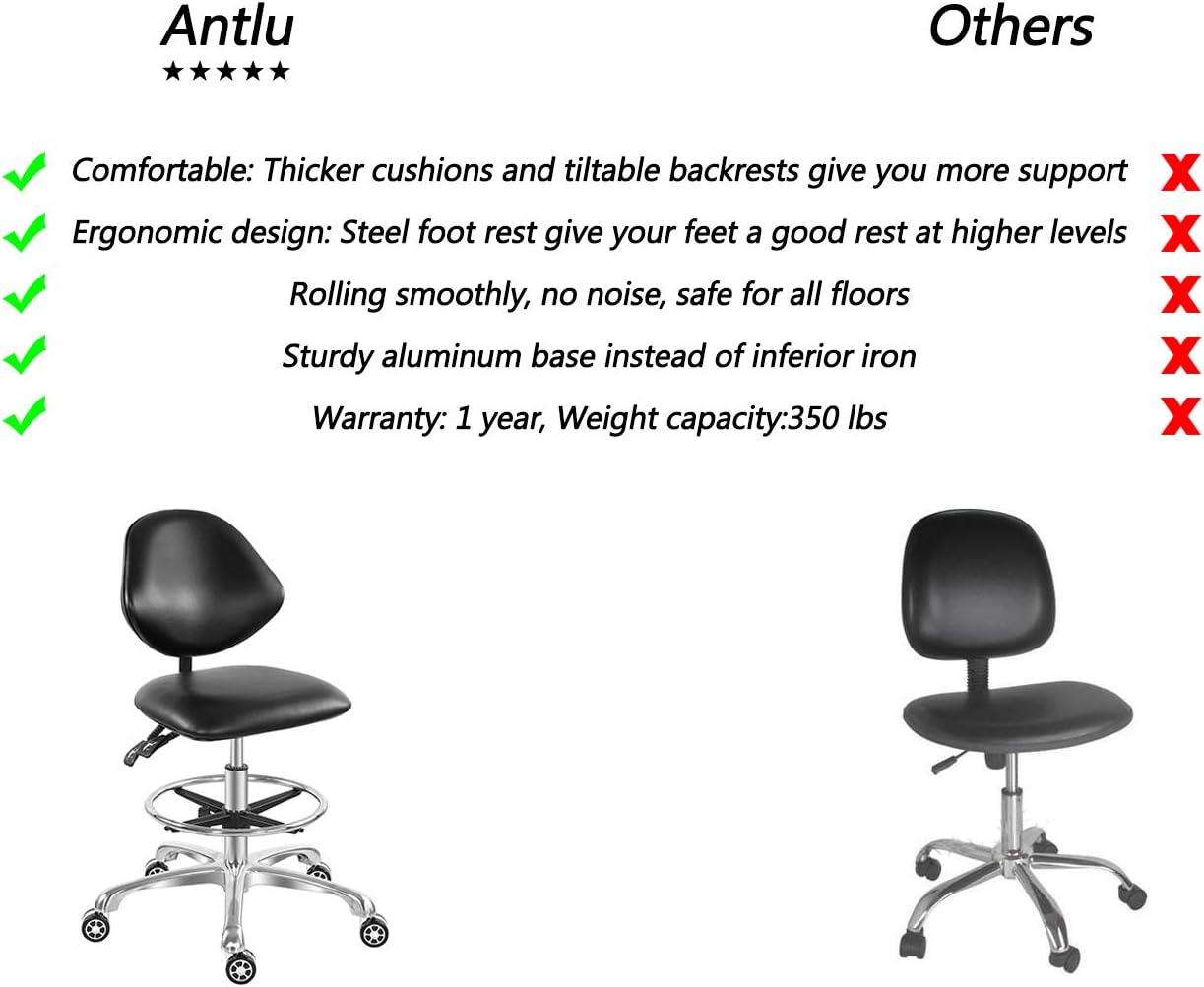 Adjustable Rolling Stool Drafting Chair for Guitar Shop Pedicure Studio Work with Wheels and Backrest,Workbench Hydraulic Stool with Footrest (Black)