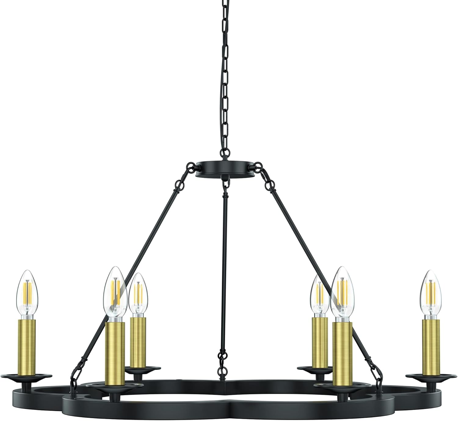 Vonfame 6-Light Farmhouse Wagon Wheel Chandelier, Rustic Modern Matt Black Industrial Chandeliers with Height Adjustable, Black Finish, Suitable for Kitchen Island Dining Room Bedroom Living Room