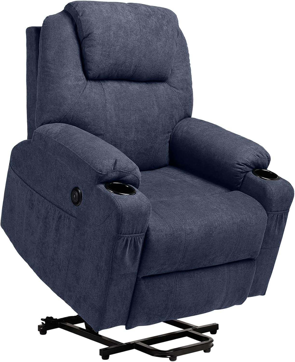 Grepatio Massage Recliner, Card Velvet Adjustable Home Theater Single Recliner, with Massage Remote Lumbar seat Heating and USB Interface, Rotating Recliner with Cup Holders on Both Sides-Black(Blue)