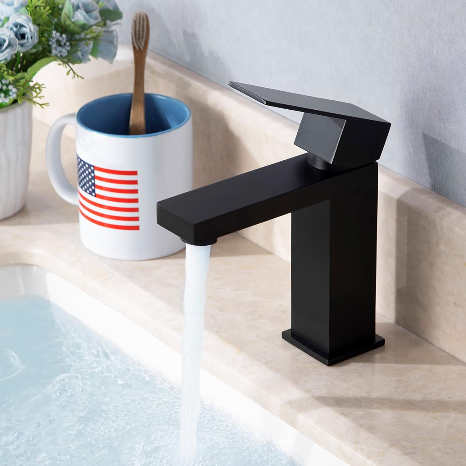 Matte Black Single Handle Bathroom Sink Faucet, Auterfar Stainless Steel Single Hole Faucet for Bathroom Sink with Water Supply Hoses for Vanity RV Sink, cUPC Certified