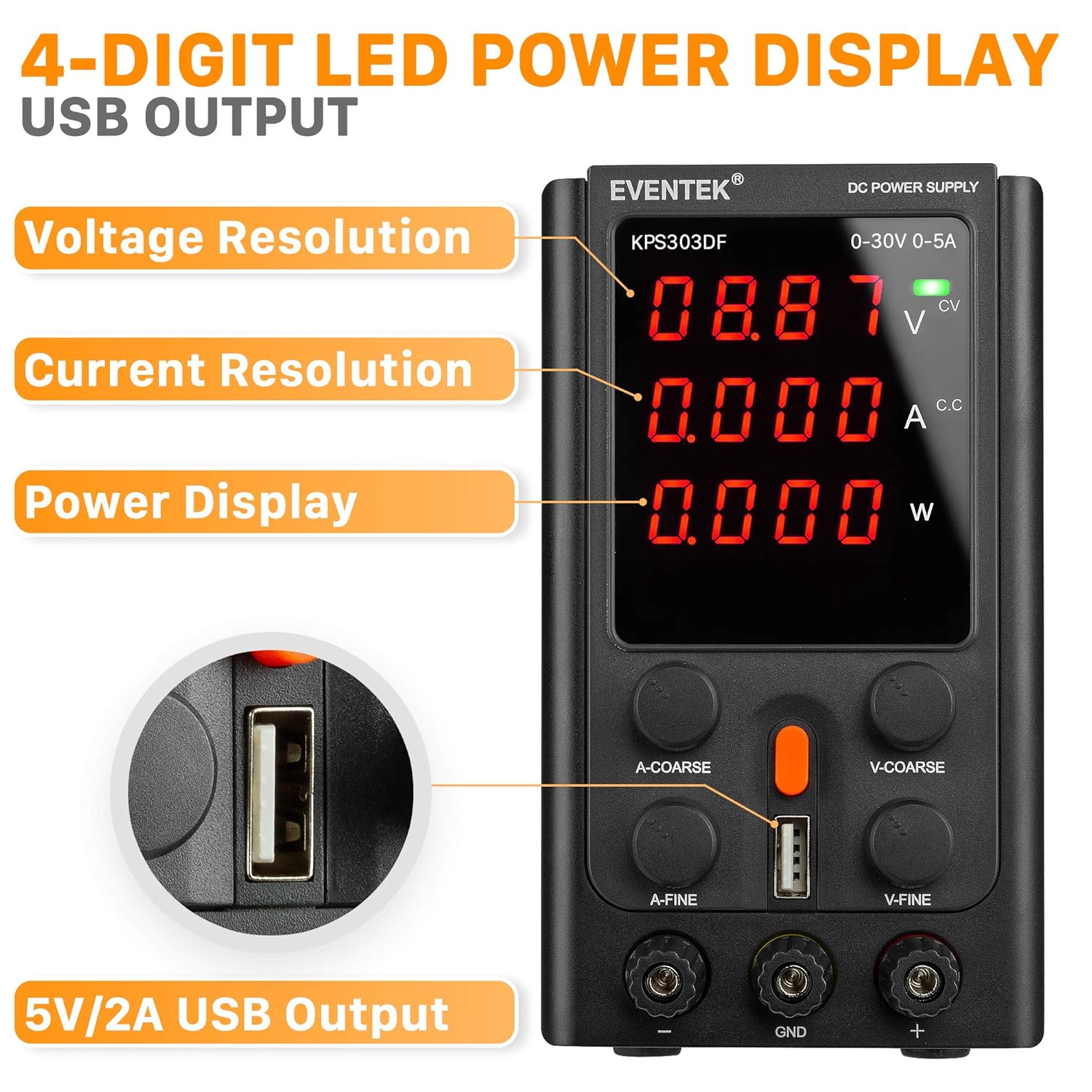 DC Power Supply Variable 30V 5A, eventek Adjustable Switching DC Regulated Bench Power Supply with 4-Digits LED Display, USB Interface, Alligator Cord/Test Lines (30V 5A, Black)