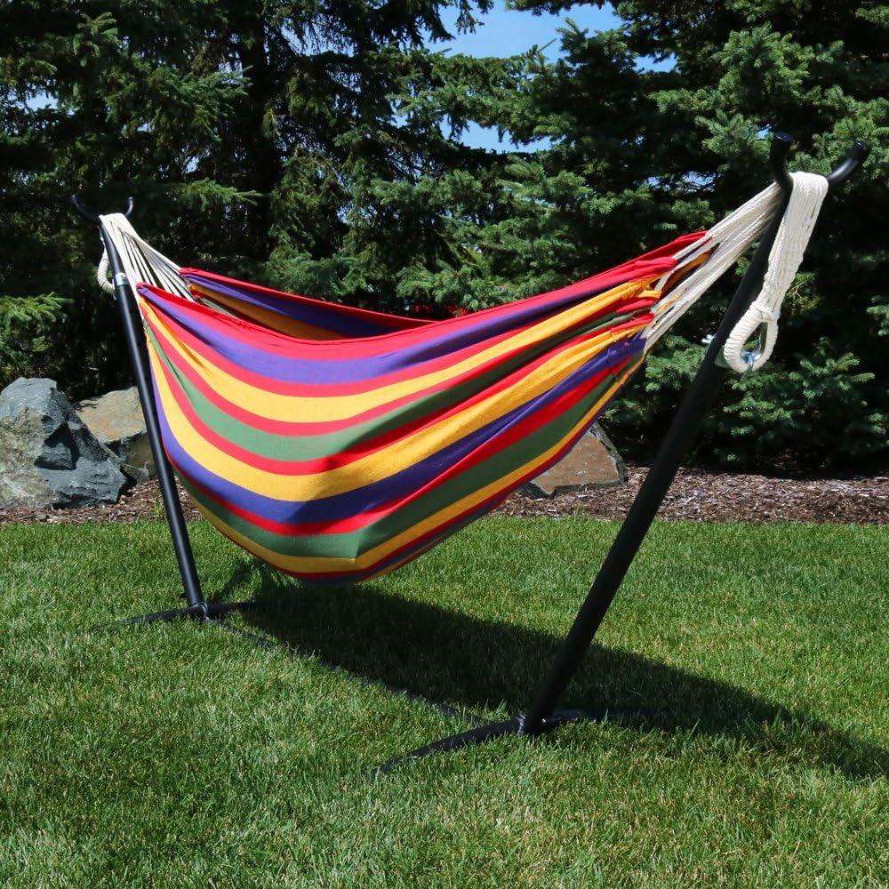 Sunnydaze Double Brazilian Hammock with Stand & Carrying Case - Large Two Person Hammock with Brazilian Stand - 400 Pound Capacity - Tropical