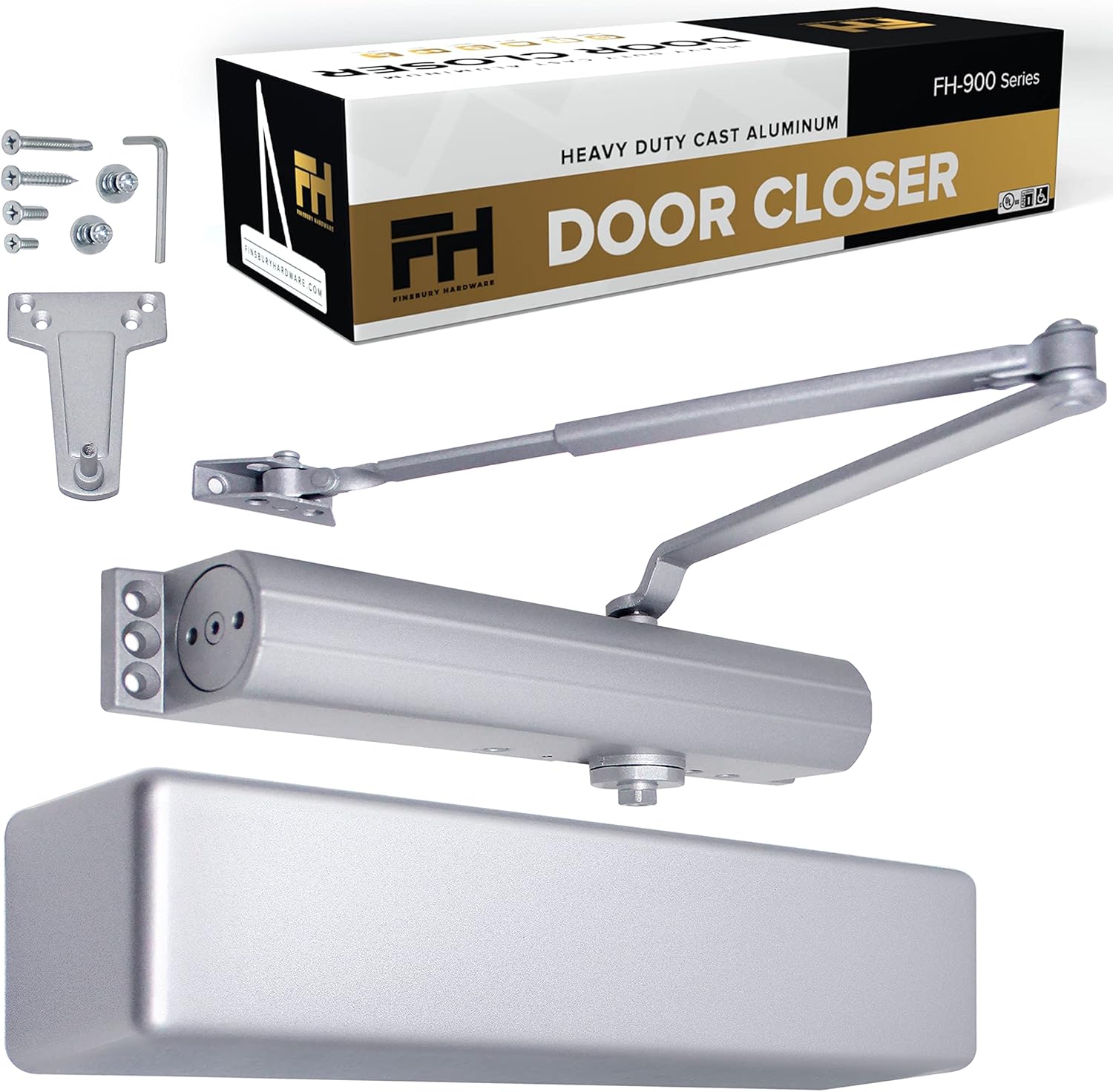 Commercial Door Closer Automatic Heavy Duty High Traffic Adjustable ANSI/BHMA Grade 1 Standard, UL Listed ADA Compliant Hydraulic Backcheck Delayed Action Latch Speed 1-6 Power (Aluminum)
