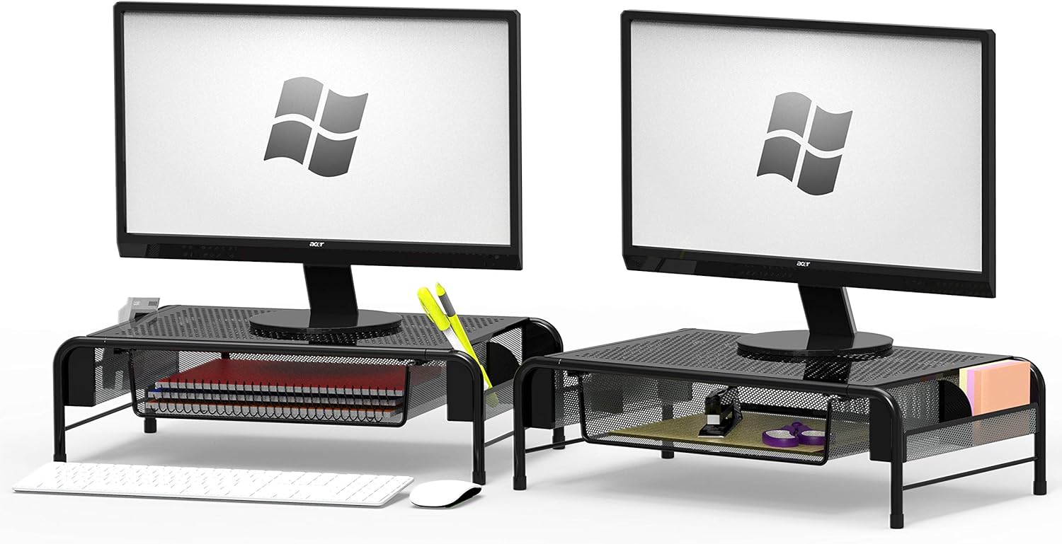 SimpleHouseware 2PK Metal Desk Monitor Stand Riser with Organizer Drawer Pack of 2