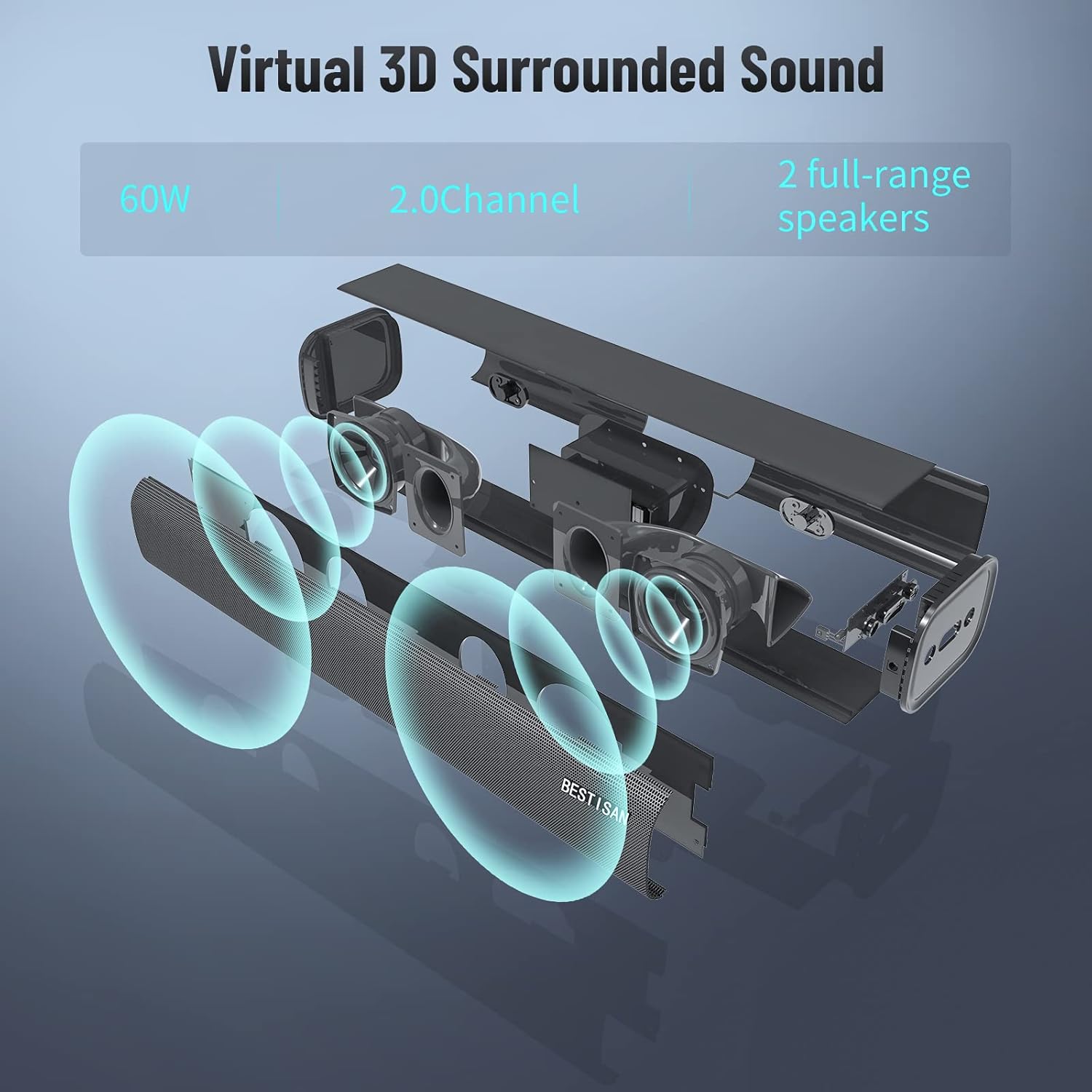 Sound Bar, BESTISAN Sound Bars for TV with Bass/Treble Adjustable,Wireless Bluetooth 5.0/AUX/Optical/Coax Input, 21 Inch, DSP Technology, Remote Control Pack of 2