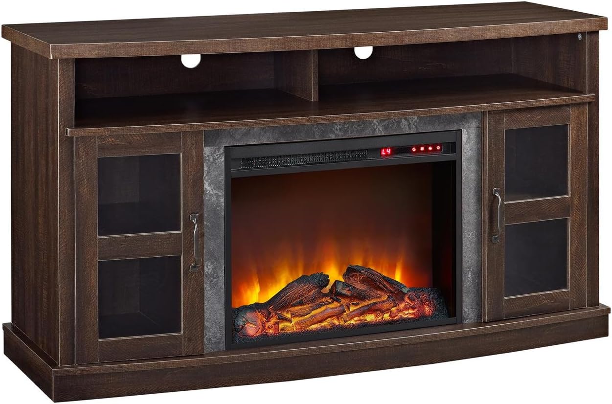 Ameriwood Home Barrow Creek Fireplace Console with Glass Doors for TVs up to 60