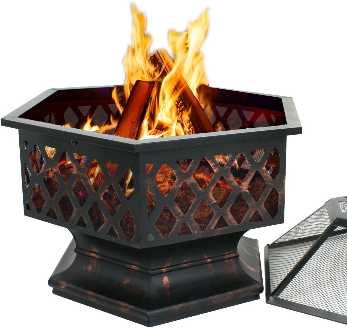 F2C Hex-Shaped Fire Pit for Garden 24 Inch Wood Burning Bonfire Firebowl Outdoor Portable Steel Firepit with Flame-Retardant Mesh Lid, Poker for Patio Backyard Garden Beach Camping Picnic