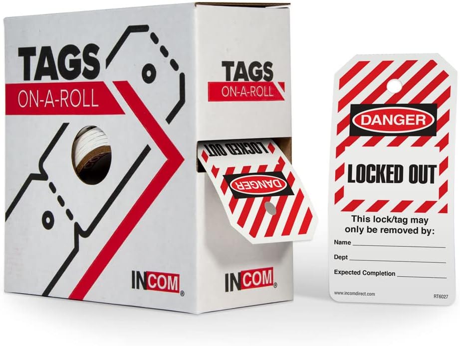 Lockout Tags On A Roll, Danger Locked Out | Heavy-Duty Polytag Stock | Waterproof and Tear-Resistant | Red/Black On White | 6.25 Inches X 3 Inches X 10 Mil Thickness (RT6027) (250)