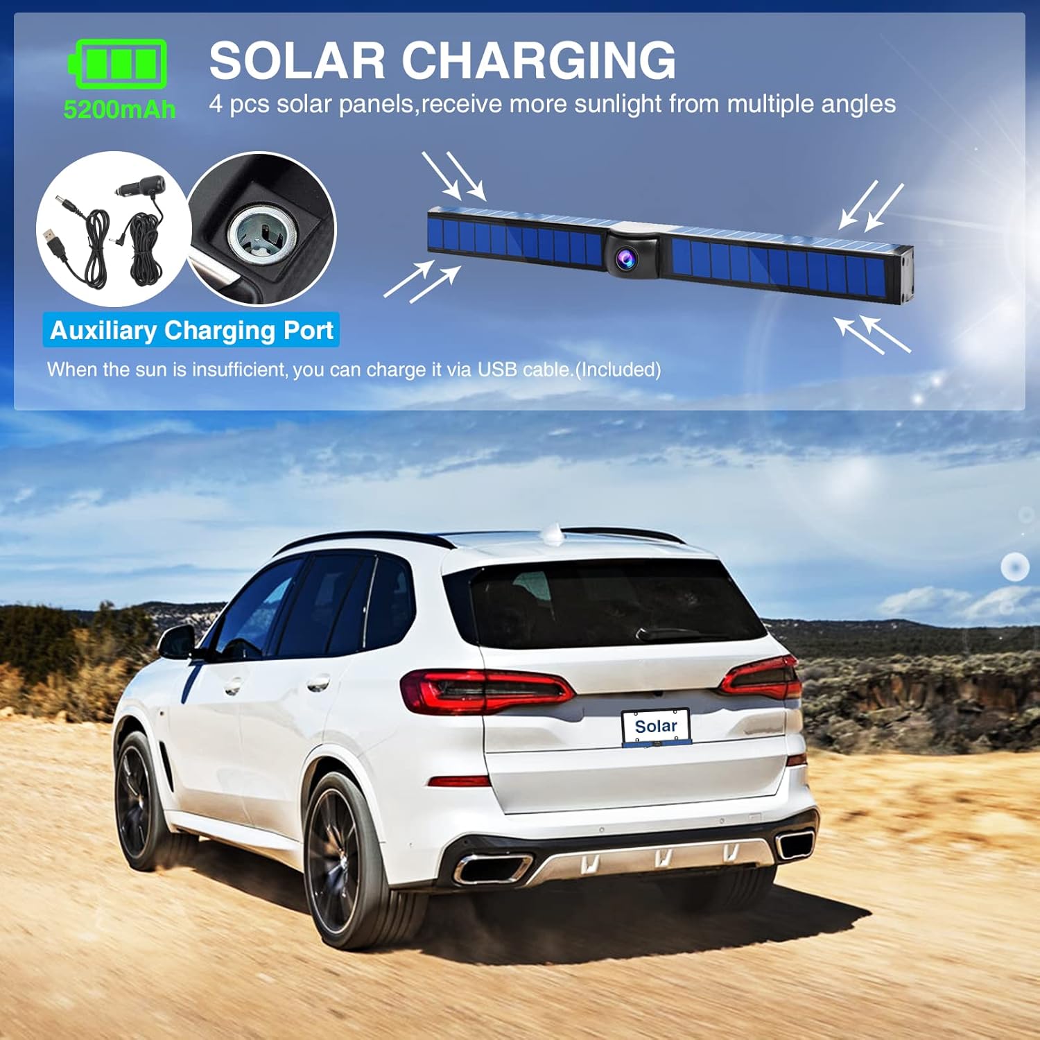 ATOVANKA Solar Wireless Backup Camera, DIY Installation, 4.3 Inch HD Monitor with Digital Wireless Signal and HD Image Waterproof Rear View Camera for SUV, Car, RV, Minivans