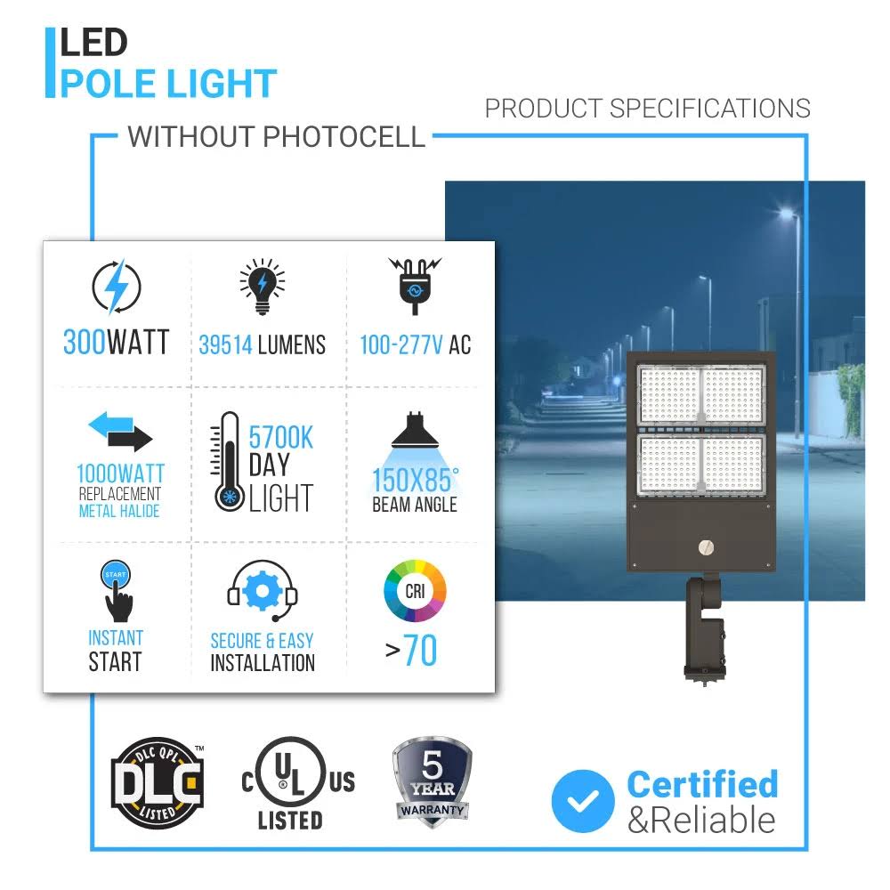 300W LED Pole Light, 5700K, Universal Mount, Bronze, Ac100-277v, LED Parking Lot Lights - Commercial Area Street Security Lights