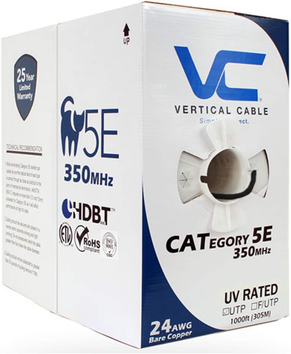 Vertical Cable Cat5e, 350 Mhz, UTP, UV Jacket, Outdoor, CMX, 1000ft, Bulk Ethernet Cable, Gray