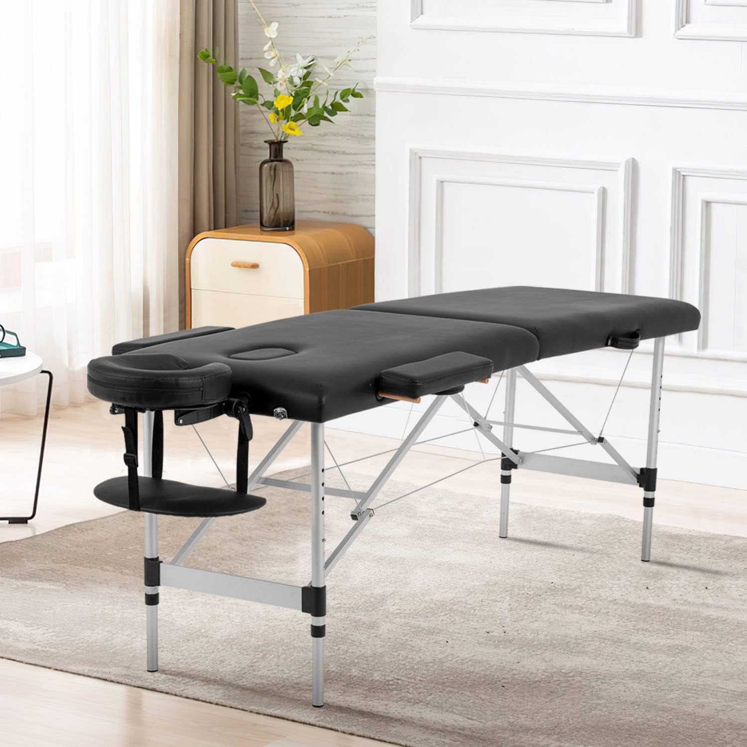 Aluminium Massage Table Portable Massage Table 73 Inch 2 Fold Portable Massage Table Height Adjustable Facial Salon Tattoo Bed W/Face Cradle Carry Case,Black