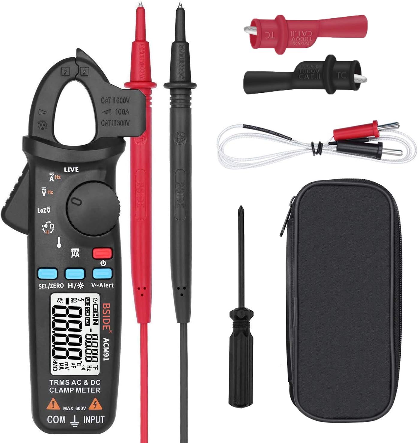 AC-DC Current Digital Clamp-Meter - 100A 6000-Counts Low Impedance Voltage 1 mA Reading Auto Range Multimeter Tester with Temperature,True RMS (Red)