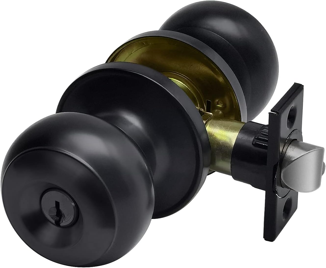 CML Hardware Matte Black Keyed Entry Door Knob with Removable Latch Plate for Entrance, Exterior and Interior Use, Round Ball Handle, Stainless Steel