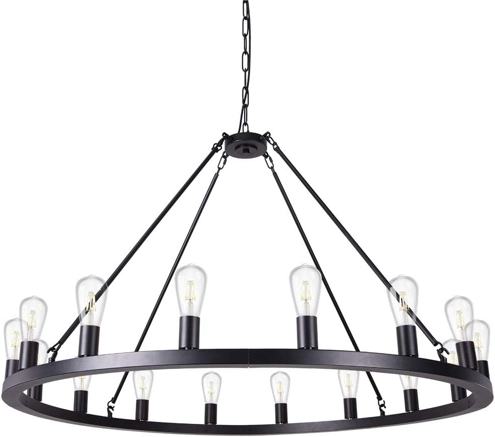 Wellmet Matte Black Wagon Wheel Chandelier 16-Light Diam 47 inch, Farmhouse Rustic Industrial Country Style Large Round Pendant Light Fixture for Dining Room, Living Room