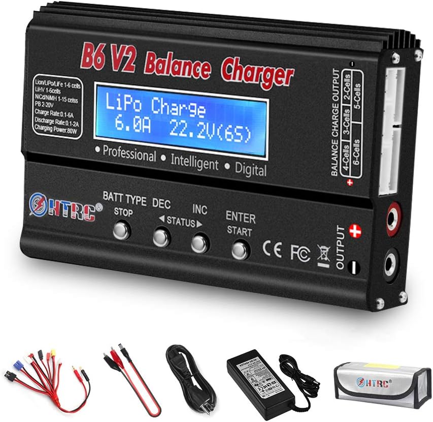 HTRC LiPo Charger RC Balance Fast Charger Discharger 1S-6S AC/DC B6V2 Digital Battery Pack Charger for NiCd Li-ion Life NiMH LiHV PB Smart Batteries (Black)