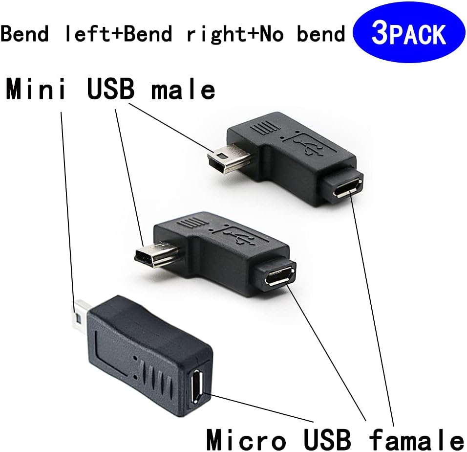 Mini USB to Micro USB Adapter, USB 2.0 Adapter Plug, 90 Degree Left and Right Angle Mini USB Male to Micro USB Female Connector Adapter 3-Pack