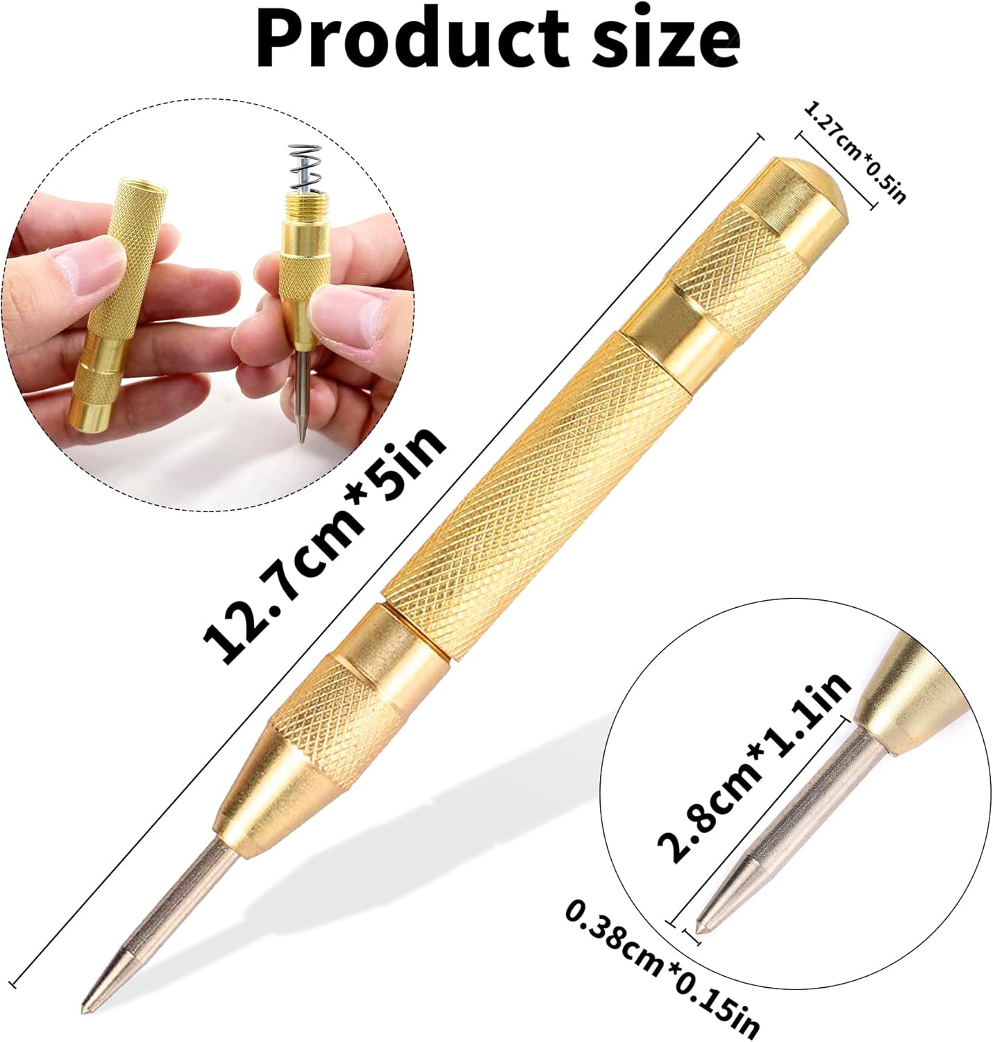 Zariocy 2 Pack Automatic Center Punch, 5Inch Spring Loaded Drill Punch Tool, Adjustable Impact, Center Punch Brass Window Spring Punch Tool for Fixed Point & Car Window Glasses Break