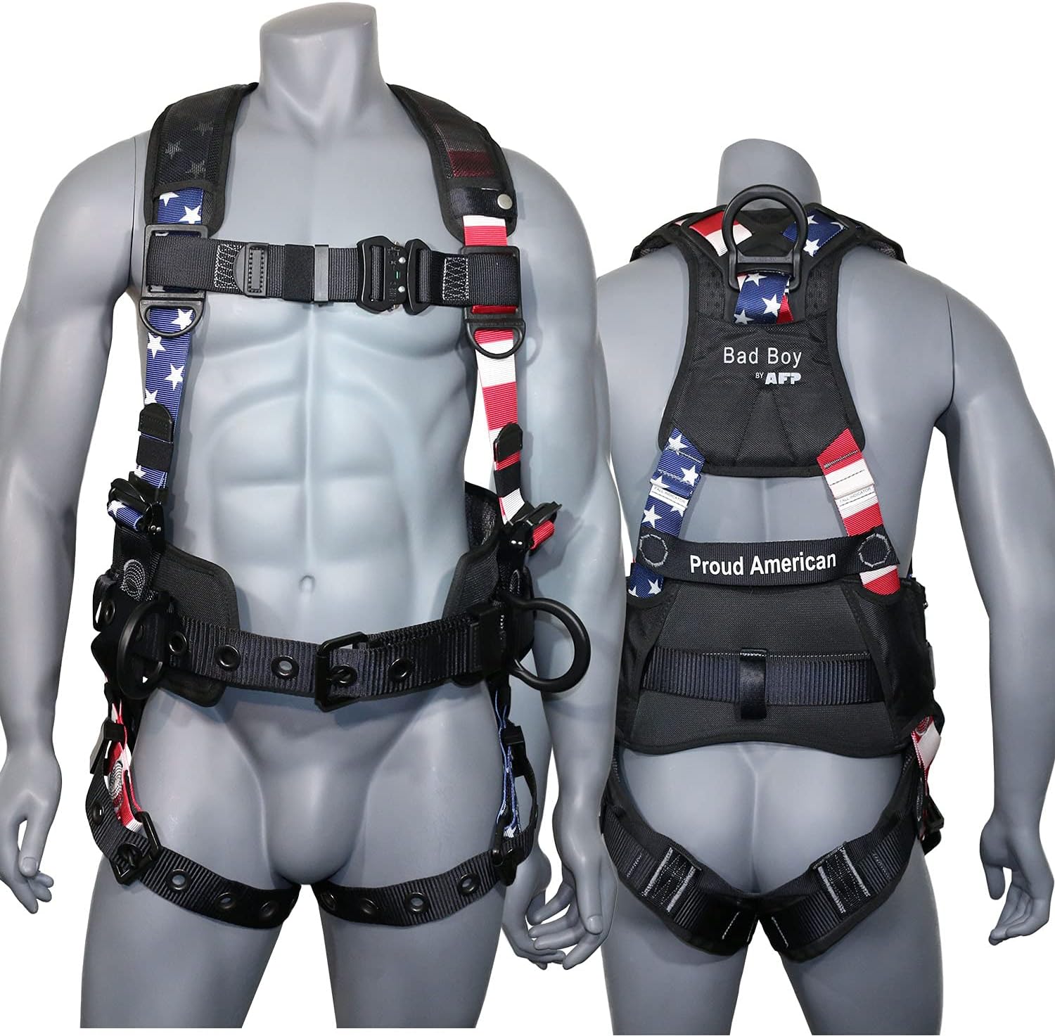 AFP Fall Protection Full-Body Premium American Flag Safety Harness, Vented & Padded Shoulder, Legs & Back, 8&rdquo; Thick Back Support Belt, Aluminum D-Rings, Tongue Buckle, Quick Release (OSHA/ANSI PPE)